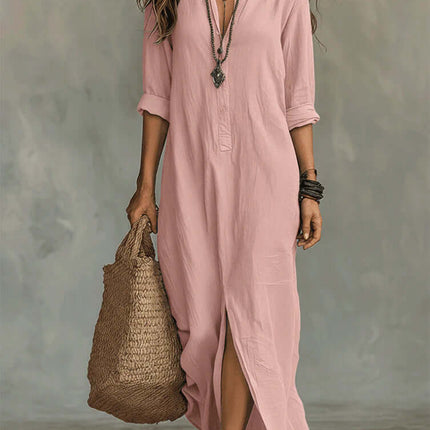 Casual Solid Color Lapel Side Slit Maxi Dress in pink, model wearing it with a tote bag, showcasing stylish summer fashion.