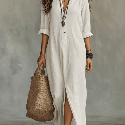 Casual Solid Color Lapel Side Slit Maxi Dress worn by a model with layered necklaces and a woven tote bag.