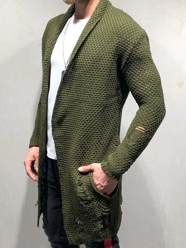 Men’s casual solid color knit cardigan – mid-length loose fit sweater for everyday wear