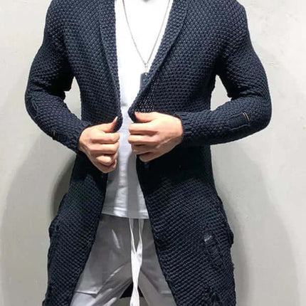 Men’s casual solid color knit cardigan – mid-length loose fit sweater for everyday wear