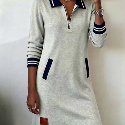 Casual Sports Lapel Zipper Long Sleeve Pockets Dress in gray with navy stripes and zipper detail.