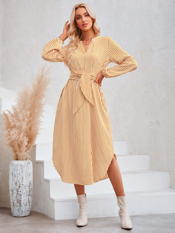 Casual V-neck striped tie waist shirt dress back view vertical pattern