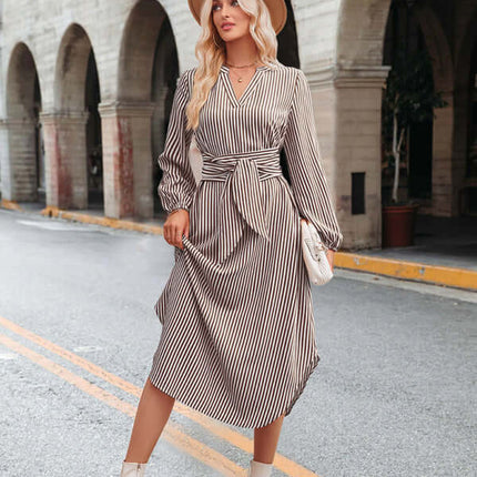Casual V-neck striped tie waist shirt dress 316g lightweight information