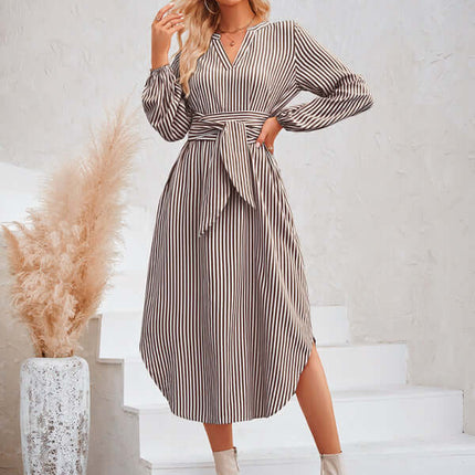 Casual V-neck striped tie waist shirt dress V neck collar construction