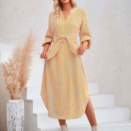 Casual V-neck striped tie waist shirt dress long sleeve shirt dress profile