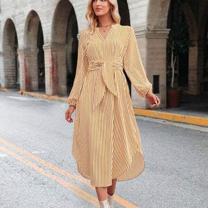 Casual V-neck striped tie waist shirt dress spring and summer apparel
