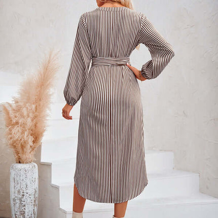 Casual V-neck striped tie waist shirt dress no fabric elasticity texture