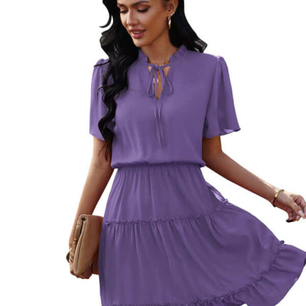 Chic High Neck Ruffle Dress Relaxed Fit Women neckline detail