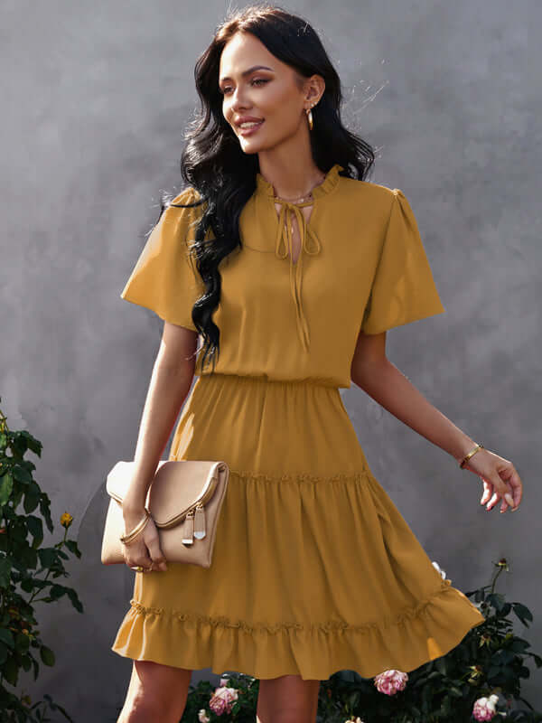 Chic High Neck Ruffle Dress Relaxed Fit Women full length
