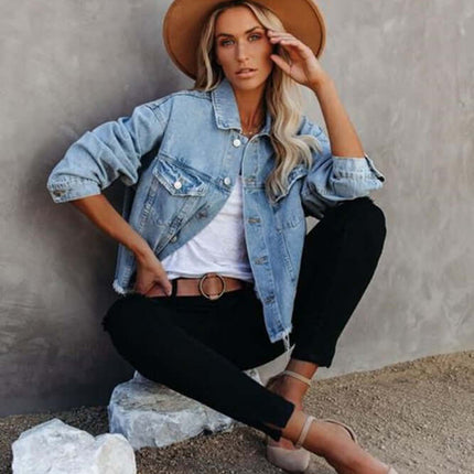 Chic Loose Frayed Denim Short Jacket for Women light blue.