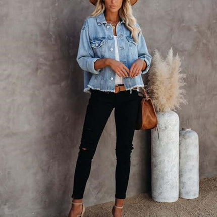 Chic Loose Frayed Denim Short Jacket for Women S size 102 bust.