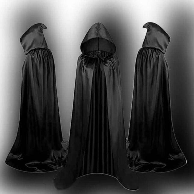 Children Halloween Wizard Hooded Satin Cloak Cape in black, featuring a satin finish and a dramatic hood, perfect for spooky festivities.