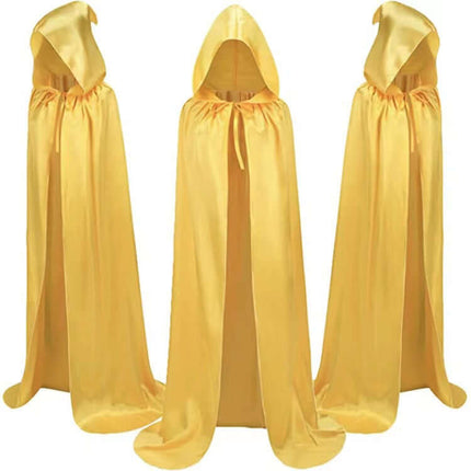 Children Halloween Wizard Hooded Satin Cloak Cape in yellow, featuring a hood and flowing cape design, ideal for costumes.