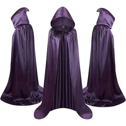 Children Halloween Wizard Hooded Satin Cloak Cape in purple, showcasing a shiny fabric and a pointed hood, ideal for Halloween costumes.
