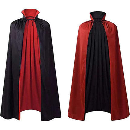 Children Halloween Wizard Hooded Satin Cloak Cape in black and red colors, showcasing a stylish design for festive dress-up.