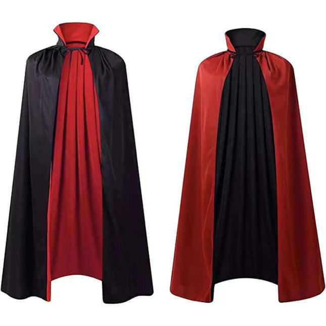 Children Halloween Wizard Hooded Satin Cloak Cape in black and red colors, showcasing a stylish design for festive dress-up.