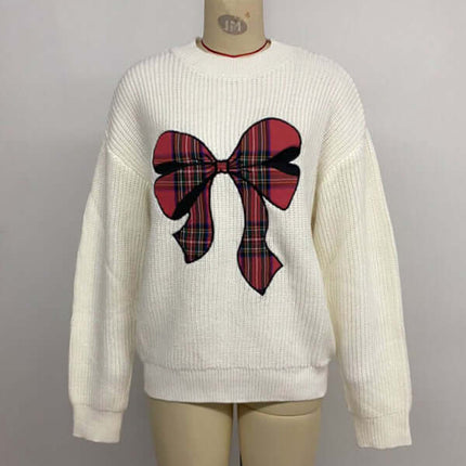 Christmas Bow Check Embroidered Knit Sweater Soft Warm Style side view