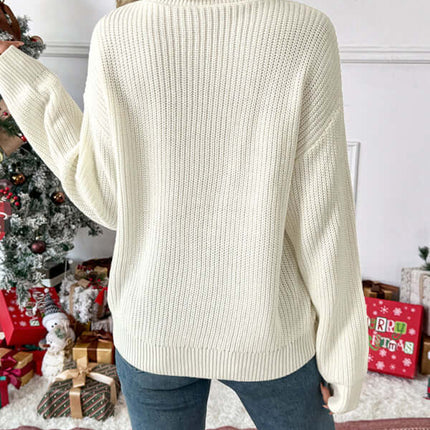 Christmas Bow Check Embroidered Knit Sweater Soft Warm Style neckline detail