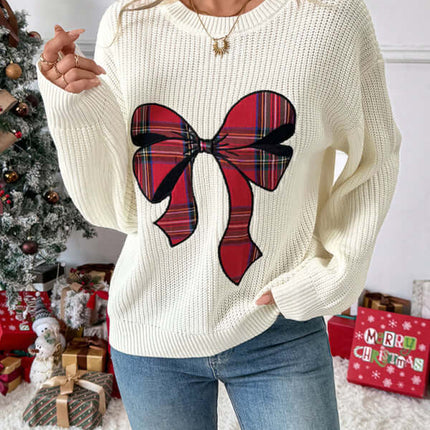 Christmas Bow Check Embroidered Knit Sweater Soft Warm Style sleeve detail
