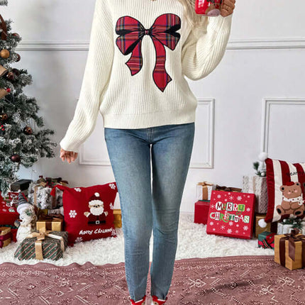 Christmas Bow Check Embroidered Knit Sweater Soft Warm Style embroidery close-up