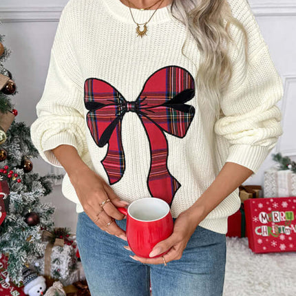 Christmas Bow Check Embroidered Knit Sweater Soft Warm Style full outfit
