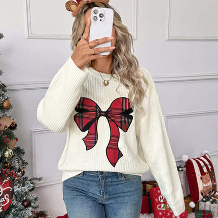 Christmas Bow Check Embroidered Knit Sweater Soft Warm Style front close-up