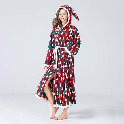 Christmas Fleece Hooded Bathrobe Plush Long Robe soft flannel fabric detail