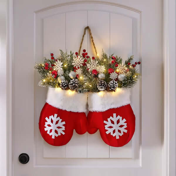 Christmas Glove Lighted Wreath for Door Window Holiday Decor front view