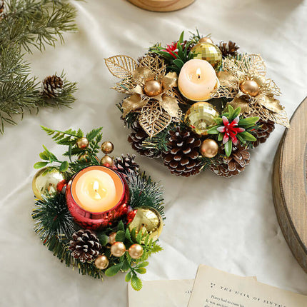 Christmas Metal Candle Holder Wreath – Pinecone & Artificial Leaf Candlestick Centerpiece for Holiday Home Table Decoration, christmas candle holder, holiday wreath decor, pinecone candlestick, festive table centerpiece, christmas home decoration, holiday