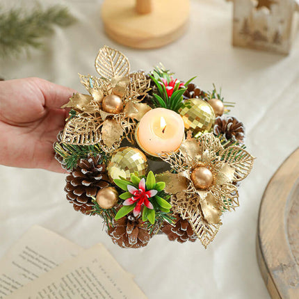 Christmas Metal Candle Holder Wreath – Pinecone & Artificial Leaf Candlestick Centerpiece for Holiday Home Table Decoration, christmas candle holder, holiday wreath decor, pinecone candlestick, festive table centerpiece, christmas home decoration, holiday