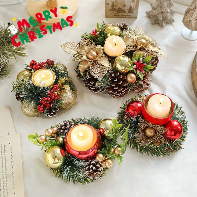 Christmas Metal Candle Holder Wreath – Pinecone & Artificial Leaf Candlestick Centerpiece for Holiday Home Table Decoration, christmas candle holder, holiday wreath decor, pinecone candlestick, festive table centerpiece, christmas home decoration, holiday