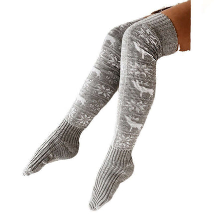 Christmas Over The Knee Elk Snowflake Socks white jacquard pattern