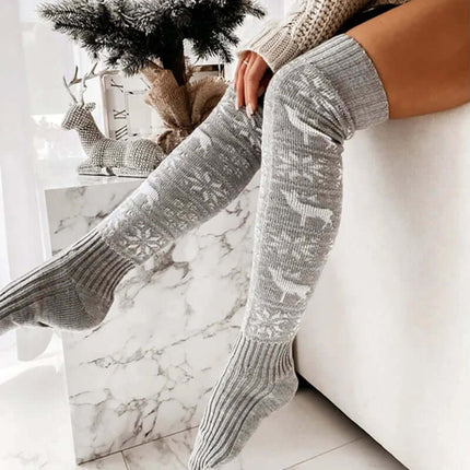 Christmas Over The Knee Elk Snowflake Socks gray cozy knit texture
