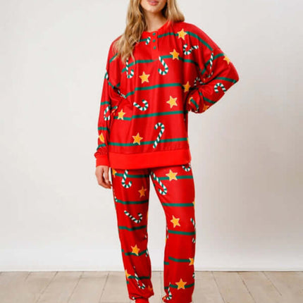 Christmas Print Button Long Sleeve Two Piece Lounge Set front view on model