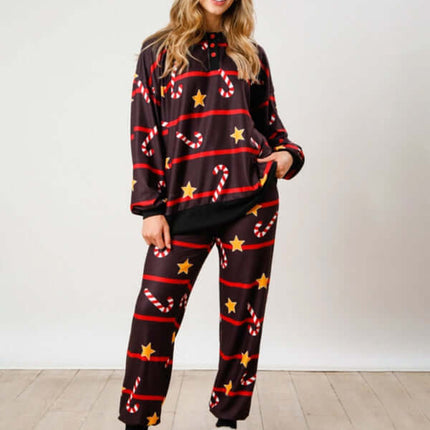 Christmas Print Button Long Sleeve Two Piece Lounge Set full outfit display