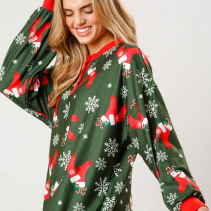 Christmas Print Button Long Sleeve Two Piece Lounge Set casual festive style display