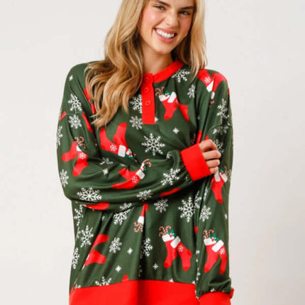 Christmas Print Button Long Sleeve Two Piece Lounge Set clean studio product shot