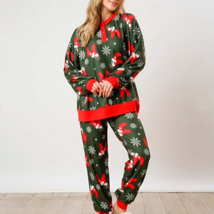 Christmas Print Button Long Sleeve Two Piece Lounge Set back view relaxed fit
