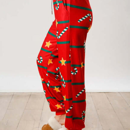 Christmas Print Button Long Sleeve Two Piece Lounge Set long sleeve close-up