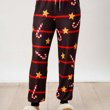 Christmas Print Button Long Sleeve Two Piece Lounge Set fabric texture close-up