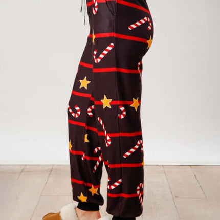 Christmas Print Button Long Sleeve Two Piece Lounge Set pants fit detail view