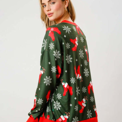 Christmas Print Button Long Sleeve Two Piece Lounge Set holiday home lounging look