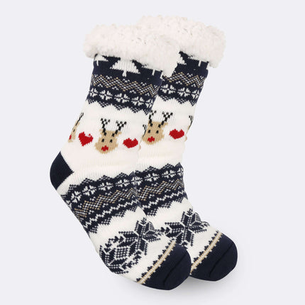 Christmas Women Thick Fleece Lined Room Socks elk snowman pattern