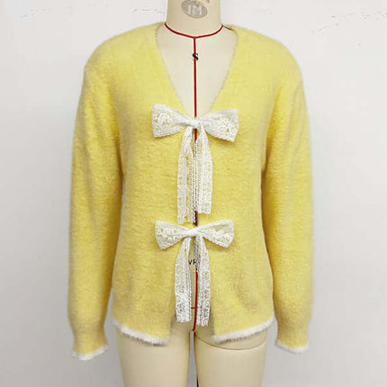 Color Block V Neck Bow Knit Cardigan Sweater full length look