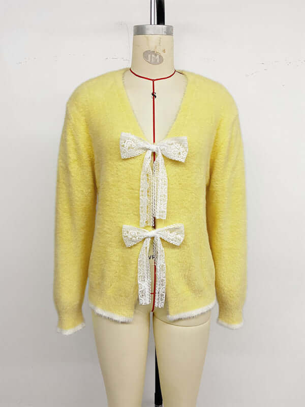 Color Block V Neck Bow Knit Cardigan Sweater full length look