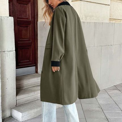 contrast color loose long windbreaker coat for women side view