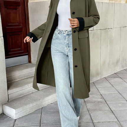 contrast color loose long windbreaker coat for women fabric