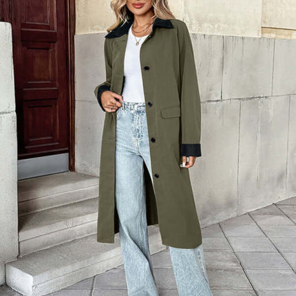 contrast color loose long windbreaker coat for women pockets