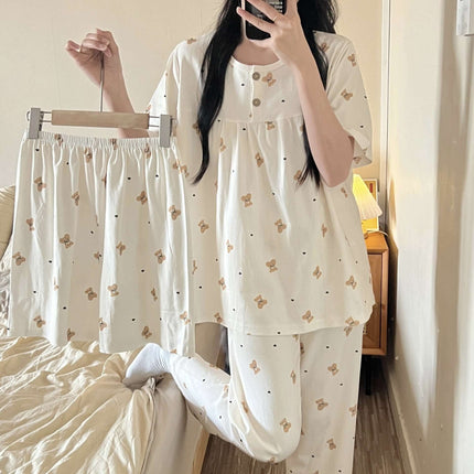 Cotton Three-piece Pajamas Women Spring Summer Set comfortable loungewear.