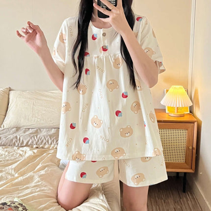 Cotton Three-piece Pajamas Women Spring Summer Set quarter sleeve top.